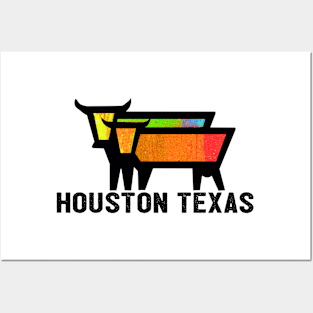 Texas Travel Vintage Cows Bulls Houston Posters and Art